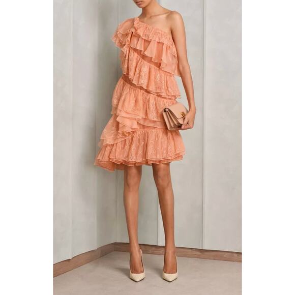 Ulla Johnson Dresses & Skirts - Ulla Johnson Leonie Coral Asymmetrical Lace Tiered One Shoulder Mini Dress Sz 4